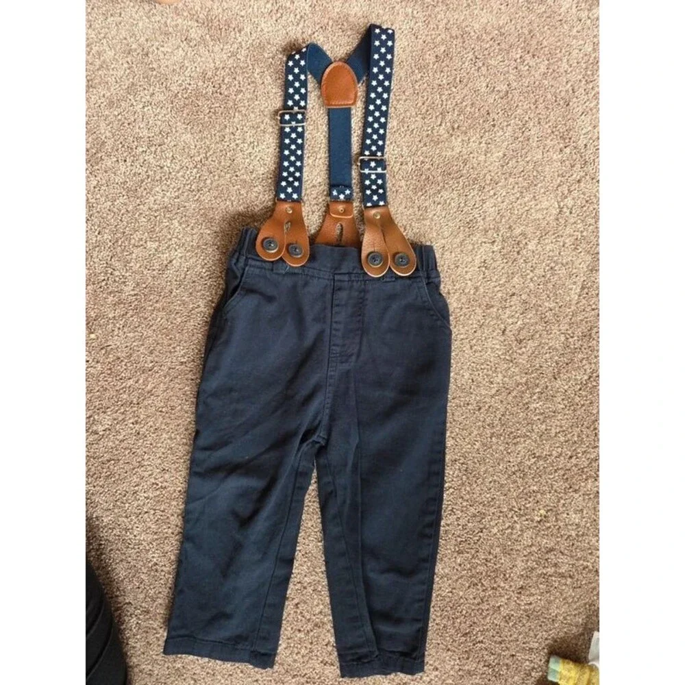 Boys navy blue pants and suspenders